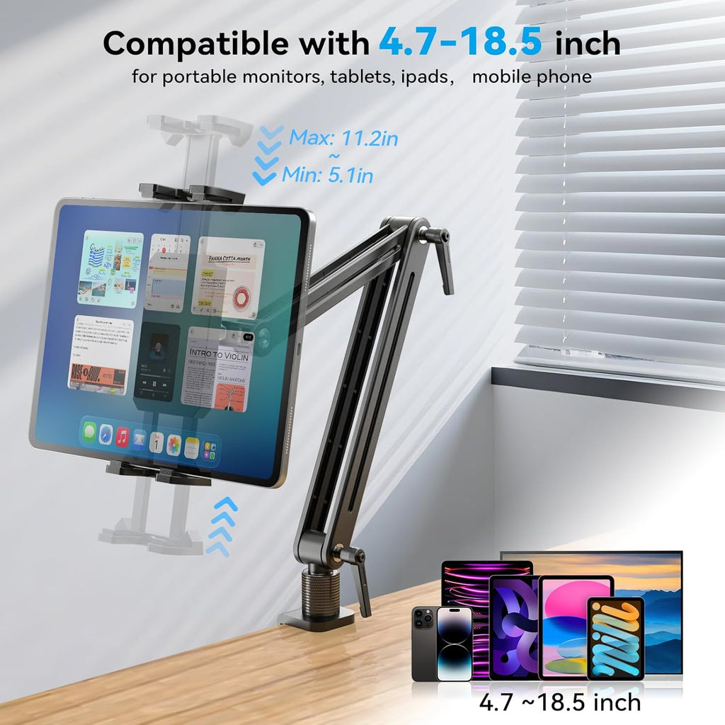Adjustable Portable Monitor Stand 15.6" - 360° Rotating Base Tall Tablet Desk Arm Holder Stand for iPad Air/Pro/Mini Swivel Flexible Bed Clamp Mount Soporte para Tablet/Monitor Portatil/Ereader