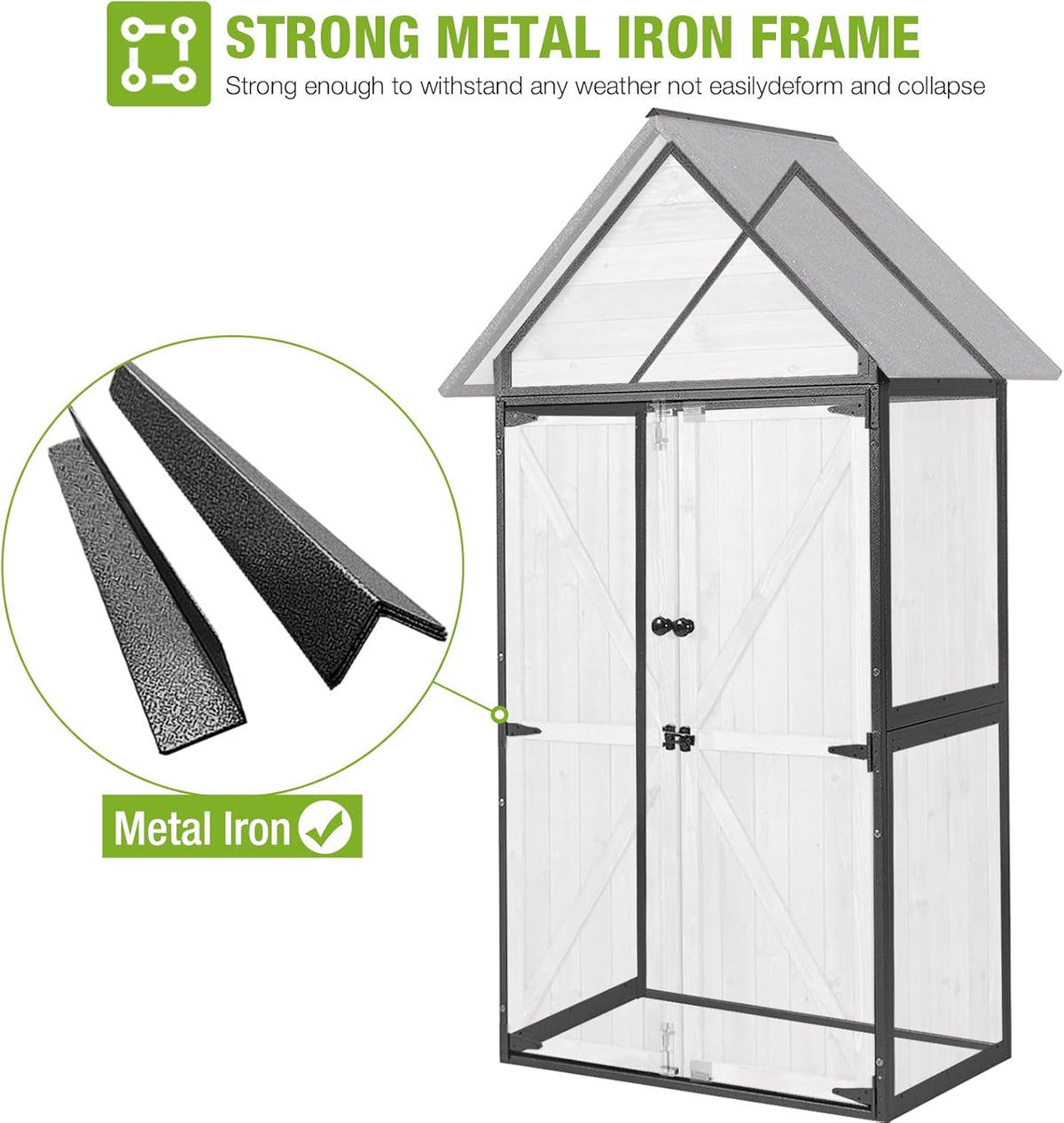 GUTINNEEN Sheds Outdoor Storage Wooden Garden Tool Shed with Metal Frame Sloped Roof and Adjustable 3 Tiers Shelves Outdoor Storage Cabinet for Backyard Garden Patio Lawn 67.1"(Off White)