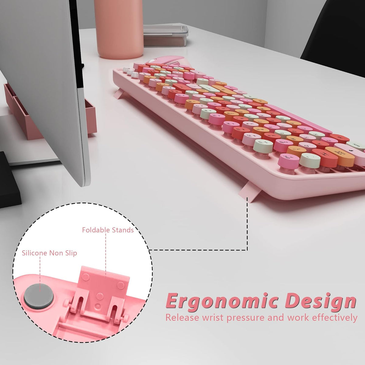 KOOTOP Cute Pink Wireless Keyboard and Mouse, 2.4G Retro Round Keycap for PC, Mac, Laptop, Tablet, Computer Windows
