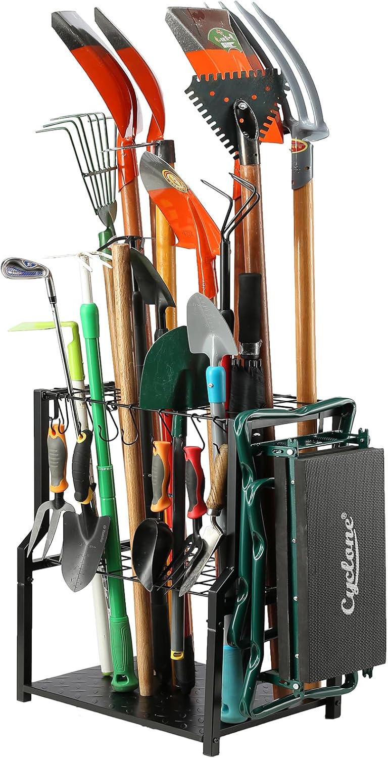 YueTong Garden Tool Organizer Heavy Duty,Yard Tool Tower Rack,Garage Storage Organization for Long Handle Tools,Rake,Brooms,Extra Hooks for Small Shovel,Shear.All Metal,Free Standing.
