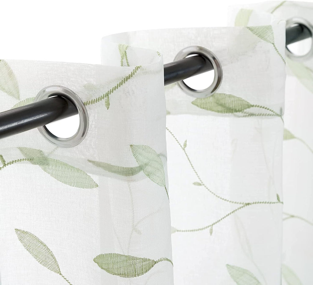 Embroidered Sheer Curtains Floral Leaf White Sheer Curtain for Bedroom Living Room Kitchen Rustic Voile Drapes Privacy Window Treatment Set of 2 Panels 96 Inches Long Grommet Top Green on White