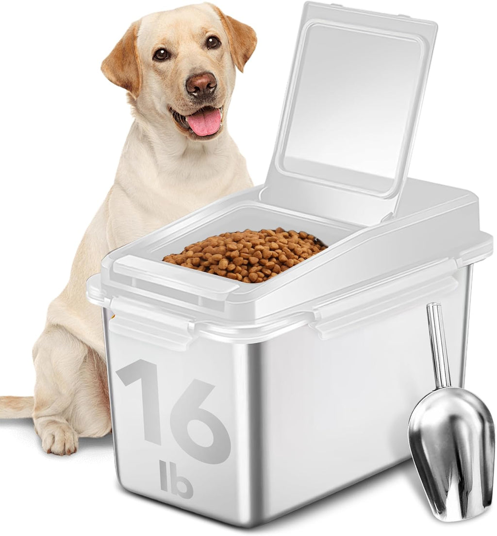 Dog Food Storage Container Stainless Steel with Scoop, 16 LB /11 LB Airtight Pet Metal Food Storage Bin, Cat Food Container for Dry Dog, Cat Food, Bird Seed, Keep Food Fresh, White