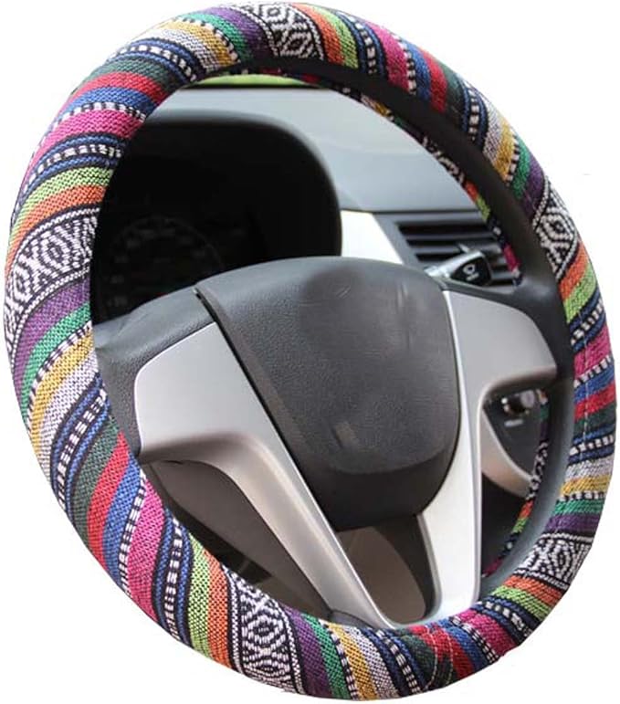 Small Ethnic Style Coarse Flax Cloth Automotive Steering Wheel Cover Anti Slip and Sweat Absorption Auto Car Wrap Cover (14''-14.25, B)
