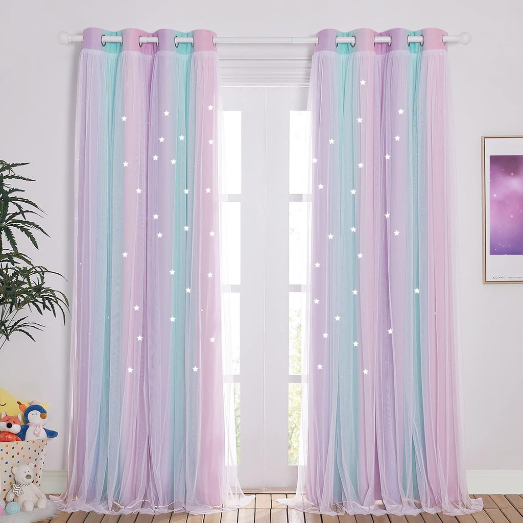 NICETOWN Baby Room Decor, White Gauze & Blackout Drapes Assembled, Star Cut Romantic and Colorful Curtains with Versatile Styling Options for Birthday Party (Blue & Purple & Pink, Each is W52 x L84)