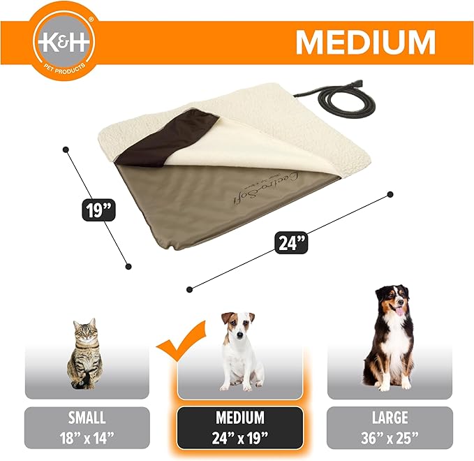 K&H Pet Products Lectro-Soft Orthopedic Outdoor Heated Dog and Cat Bed for Medium Dogs or Big Cats, Soft/Flexible Safety Listed Warming Pad, Waterproof, Washable Cover - Medium 24 X 19in Tan 40W