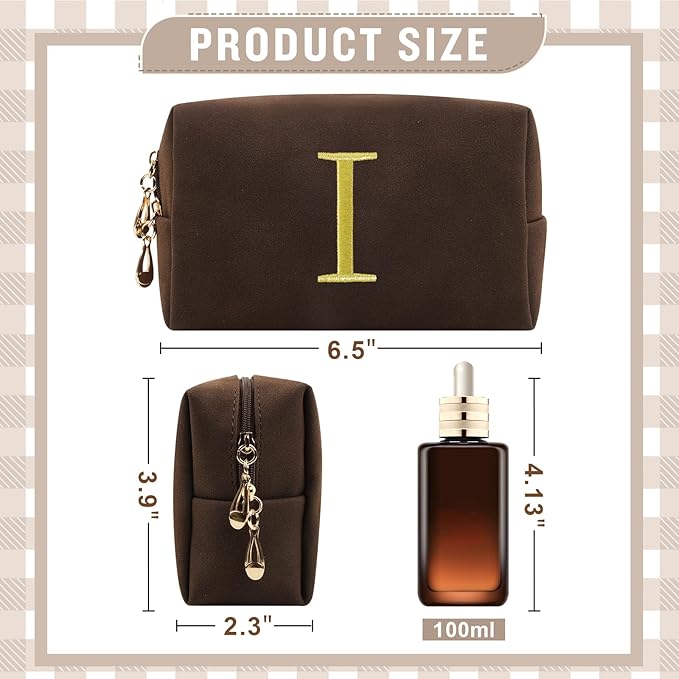 Personalized Initial Makeup Bag,Preppy Suede Cosmetic Bag for Teen Girls,Small Monogram Travel Toiletry Bag With Gold Embroidered Letter,Trendy Stuff Custom Christmas Gift for Women(Coffee-I)
