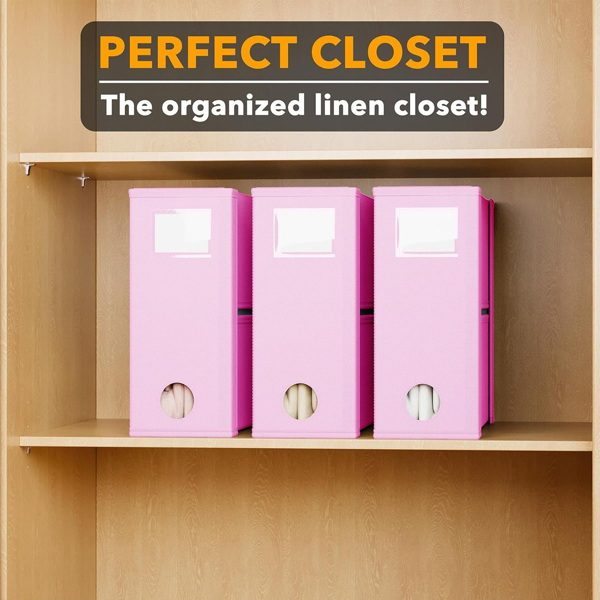 SpaceAid 3 Pack Bed Sheet Organizers and Storage, Foldable Sheet Organizer for Linen Closet, Set Folder Keeper with Window XL (Queen & King Size) Bedding Container (Pink, 3 Pack)