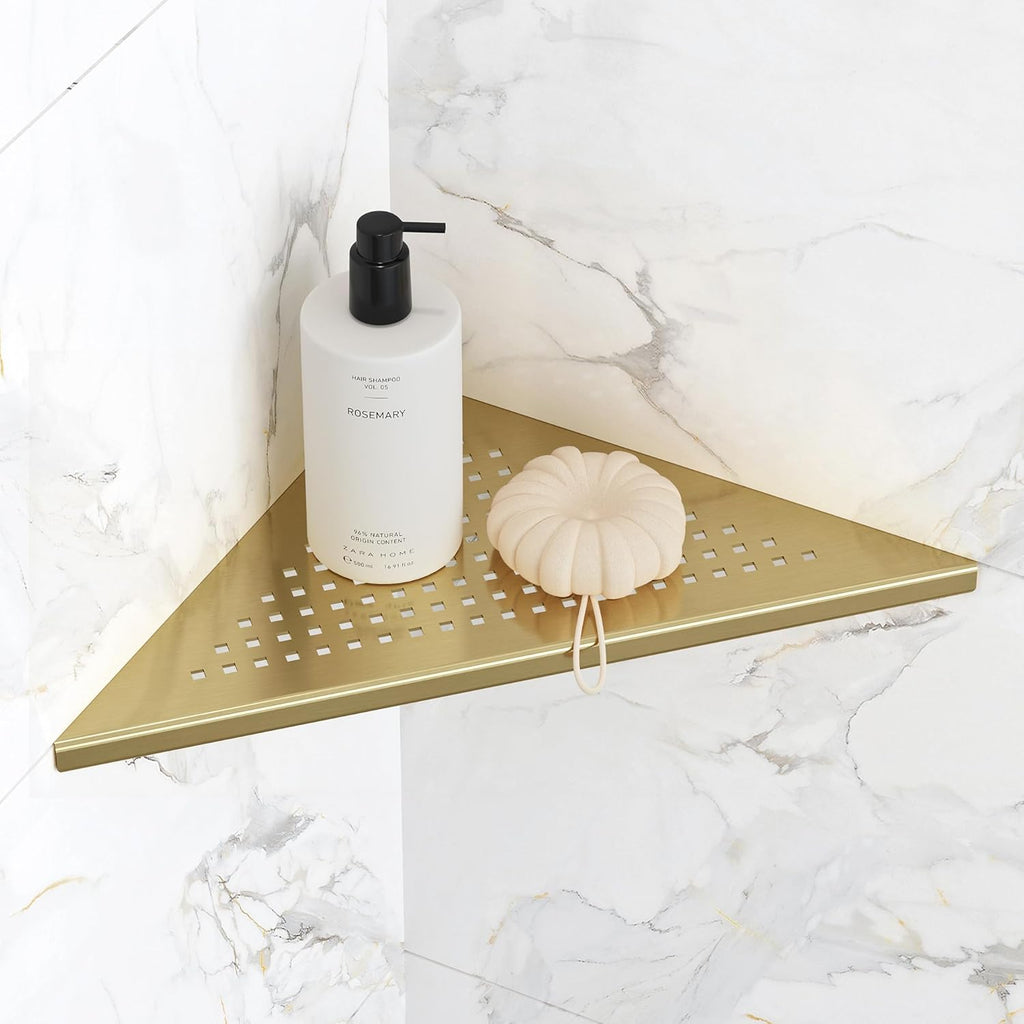 Bathroom Corner Shelf, Recessed 10" Shower Shelf Caddy, SUS304 Stainless Steel Shelf Wall Mount Triangular, No Drilling, Brushed Golden