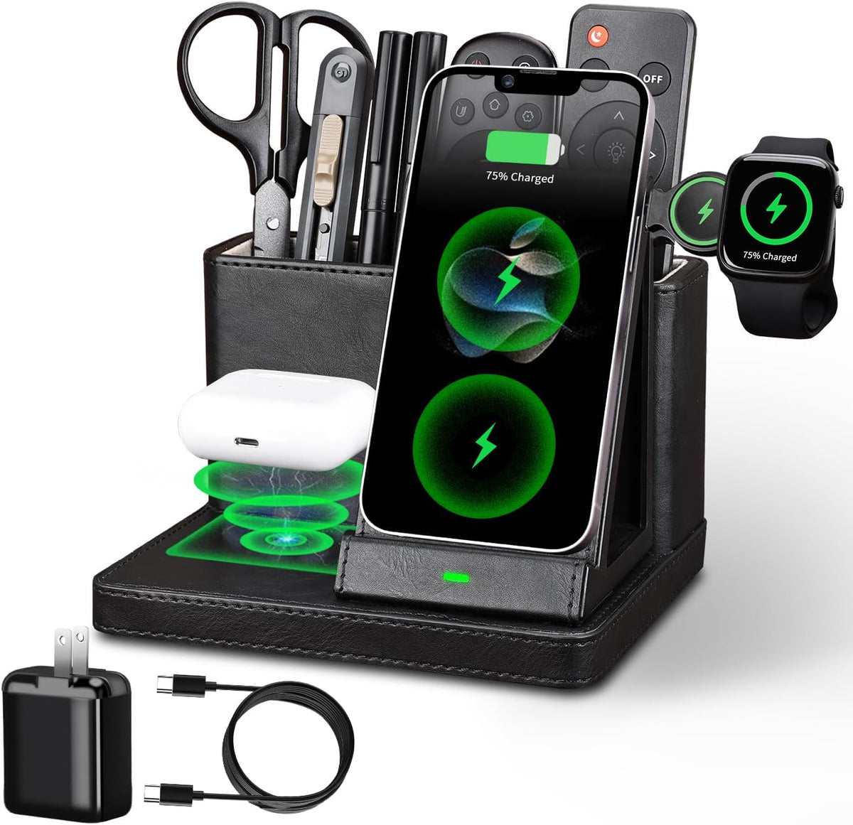 Desk Organizer with Phone Charger,Nightstand Desktop Organizer,Office Supplies Desk Accessories,Pen Holder Remote Control Holder,Black Leather Organizer With Charging Station (black)