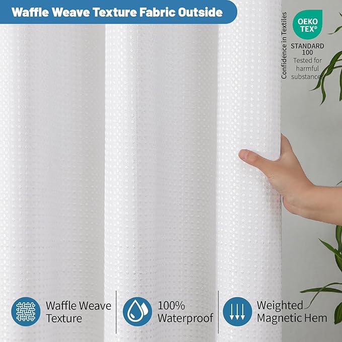 THAIGEE 2-in-1 Waterproof Fabric Shower Curtain - No Separate Liner Needed, Hotel-Style Waffle Weave, Effortless Cleaning & Washable Bathroom Shower Curtain Set,72Wx78H,White