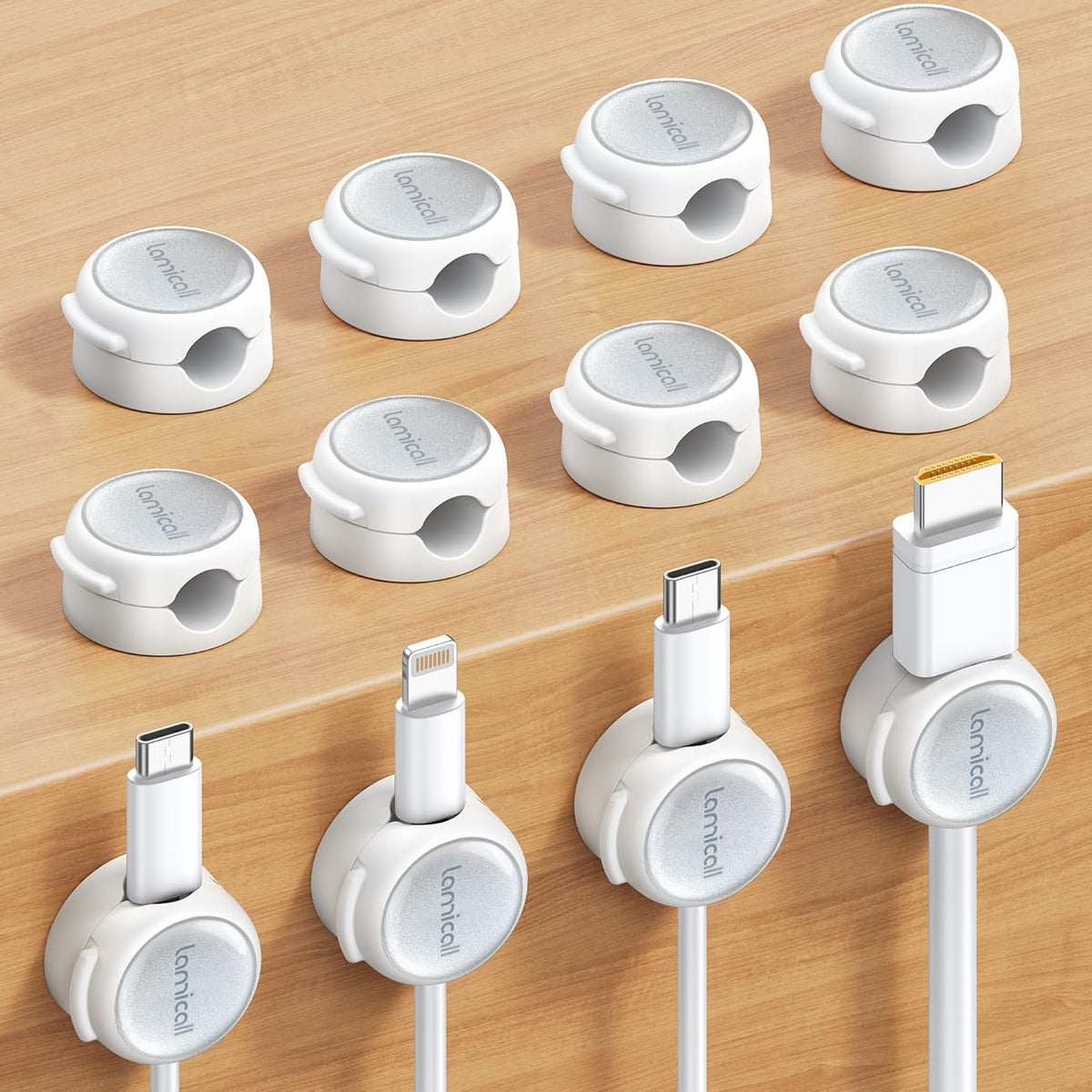 12Pack Magnetic Cable Clips Cord Organizer - Lamicall [Crystal-Clear & Silver Shine] Cable Management Holder for Phone Charging Cord, Strong Adhesive for Nightstand, Home Office Desk Decor Accessories