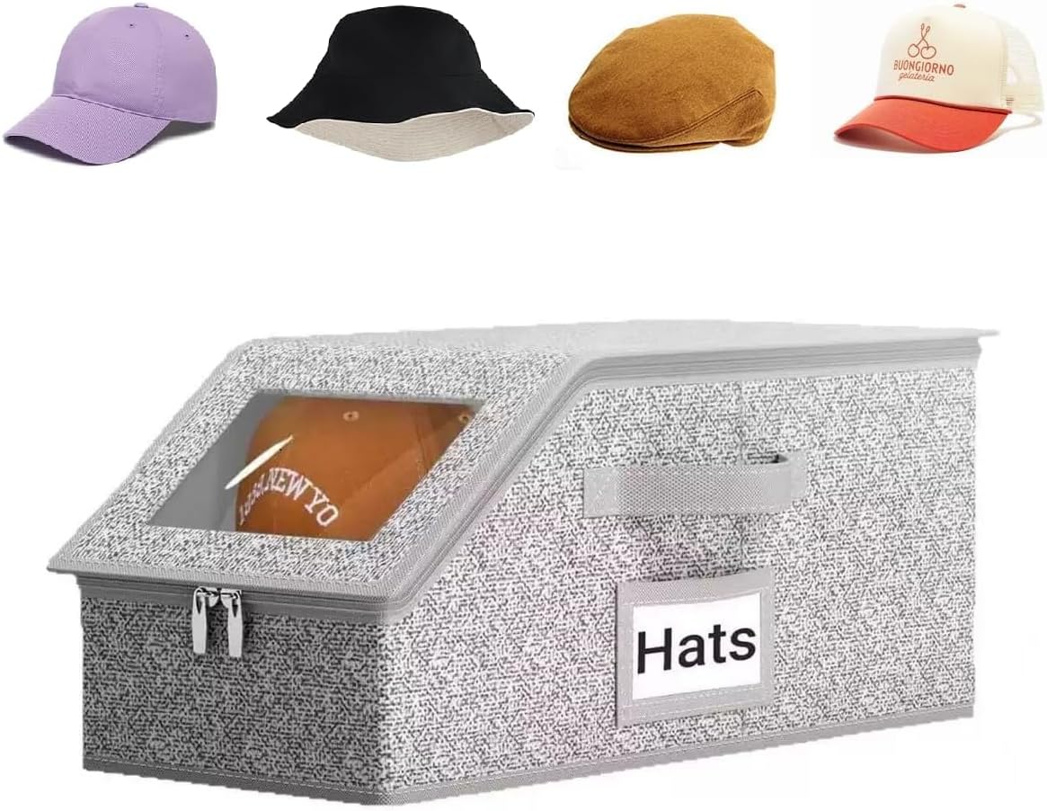 Hat Organizer for Baseball Caps, Hat Storage Holder Container for Closet Hold Up to 12 Caps with Clear Window, Hat Boxes for Home Storage | 1Pcs Grey