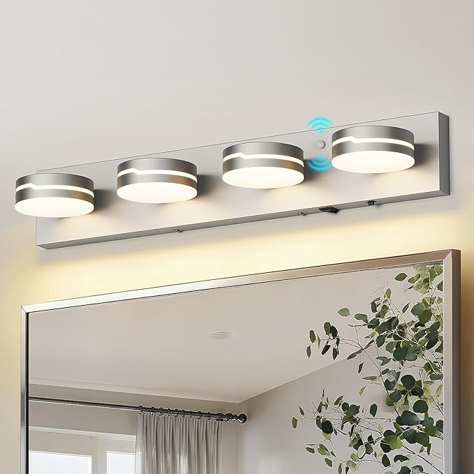 26" Motion Sensor Vanity Light Brushed Nickel, 3CCT 4-Light Modern LED Bathroom