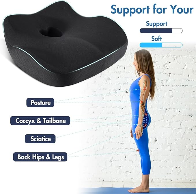 Car Seat Cushion, Ergonomic Memory Foam Car Seat Pad for Sciatica Pain Relief, Larger Driving Seat Cushion for Car Short Drivers on Long Drives - Butt Cushion for Car,Truck, Office - Black