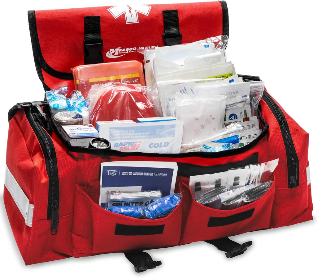 MFASCO Comprehensive School Classroom First Aid Kit - Red First Aid Trauma Bag - Emergency Bag with 200+ Supplies for First Responder - Economical for Schools & Groups - 10.5 x 7 x 7.5