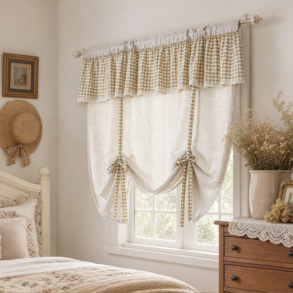1 Panel Rod Pocket Tie Up Roman Curtain Khaki Gingham Lace Valance | Top Linen Blend Adjustable Lift Cafe Curtain, Light Filtering Privacy Short Window Curtain for Kitchen Farmhouse W55 x L63 in