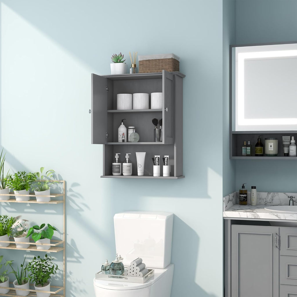 Grey Wall Mounted Bathroom Cabinet 24x30 Inch Wooden Over Toilet Storage Cabinet with 2 Doors, Above Toilet Medicine Cabinets for Bathroom Laundry Room Bedroom Kitchen