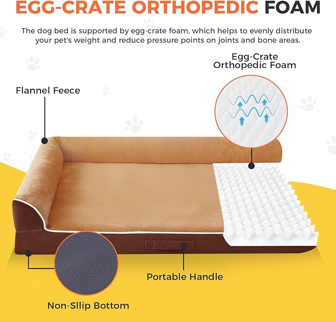 Aeroluxe Dog Bed Large Sized Dogs, Orthopedic Dog Bed for Large Dogs, Waterproof Pet Bed with Washable Removable Cover, L-Shaped Pet Couch with Portable Handle 36"x27"x6.5", Brown