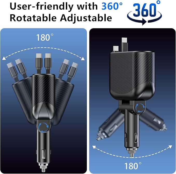 OHLPRO Retractable Car Charger Cigarette Lighter Adapter, 168W 5 in 1 Fast Phone Charging Built-in Replaceable Fuse, Socket Splitter with Dual USB-C Cords, Fit for Phone, iPad, Galaxy, GPS
