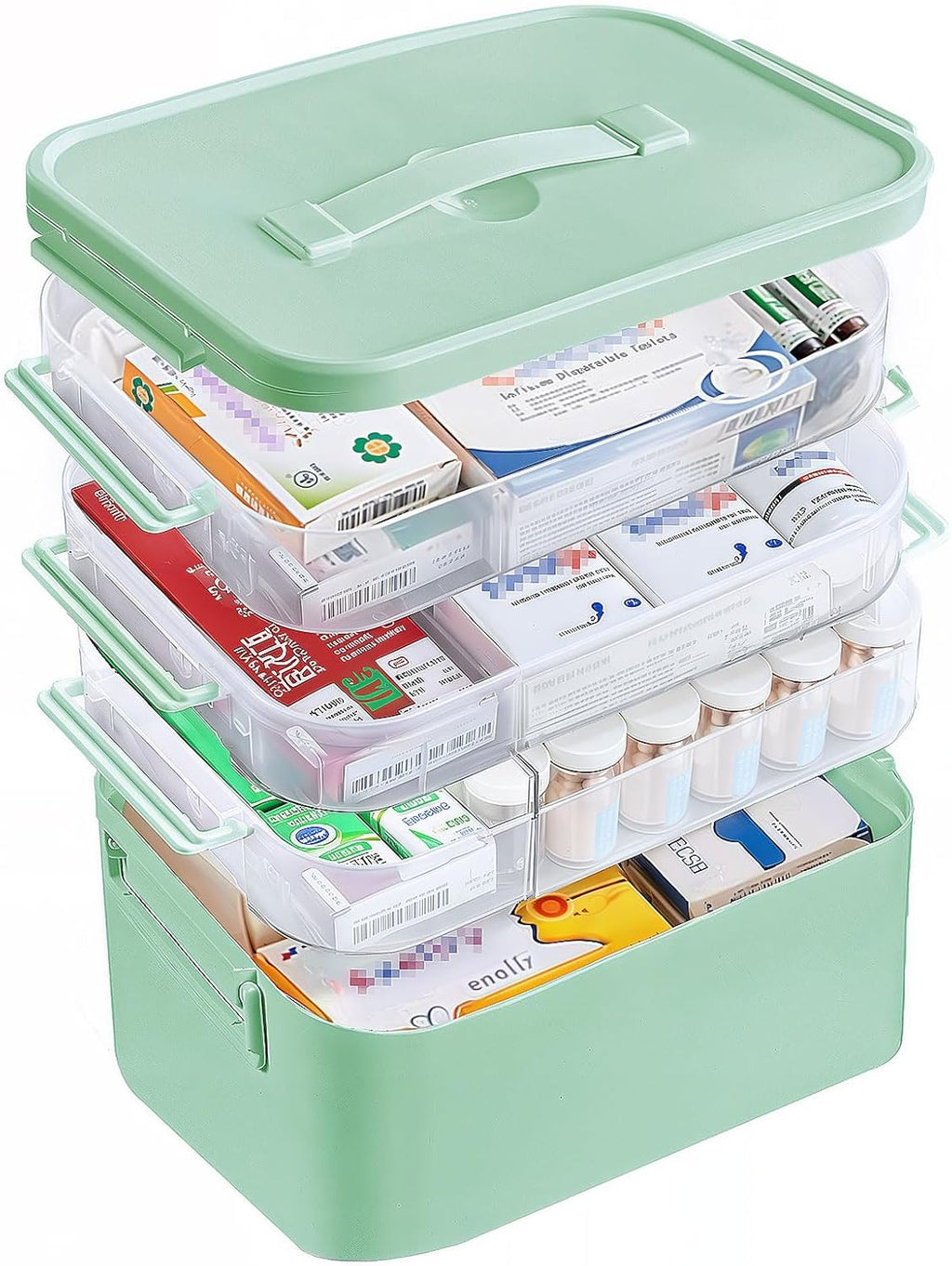 4-Tier Portable Medicine Cabinet Organizer, Large Medicine Storage Box with Handle, Plastic First Aid Box Empty, Multipurpose Medical Supply Organizer, Medication Storage with 3 Removable Tray (Green)