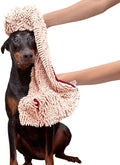 Soggy Doggy Super Shammy Dog Towel - Microfiber Chenille Towel for Drying Dogs and Cleaning Paws - Fast Drying with Hand Pockets for Ease (Beige/Red Trim, 31” x 14”)