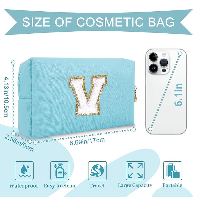 Small Personalized Initial A-Z Preppy Patch Makeup Bag,PU Chenille Letter Travel Cosmetic Pouch with Zipper,Blue Cute Toiletry Bag,Gift Ideal for Teen Girls Women Teacher Bridesmaid,Letter V