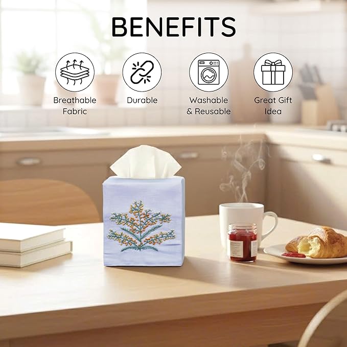 EmbroideryLinen.VN Tissue Box Cover Set of 2, Square Linen Tissue Holder, French Knot Hand Embroidered Floral Design, 4.5x4.5x5.5 Inches, Decorative Holder for Bathroom, Living Room, Office (White)