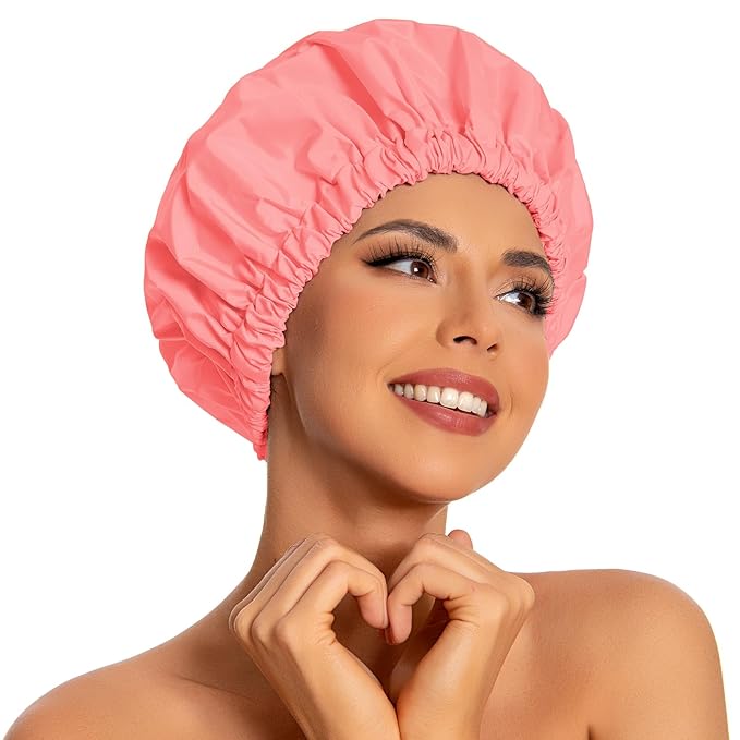 Reusable Shower Cap for Women, Large Waterproof Shower Essentials Bonnet Washable Elastic Band Bath Hair Wrap Hat for Long Hair, Braids(Orange Pink)