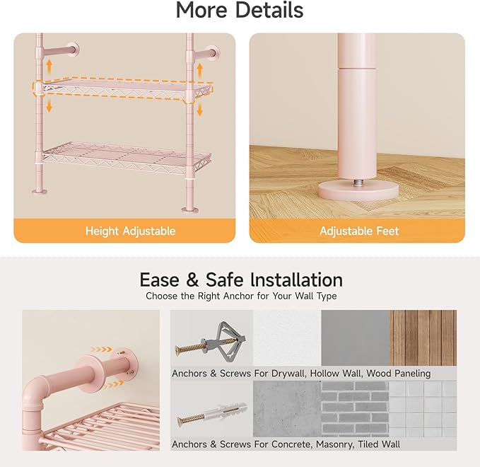ONBRILL H3 Wall Mounted Closet System, Expandable Industrial Pipe Clothes Rack