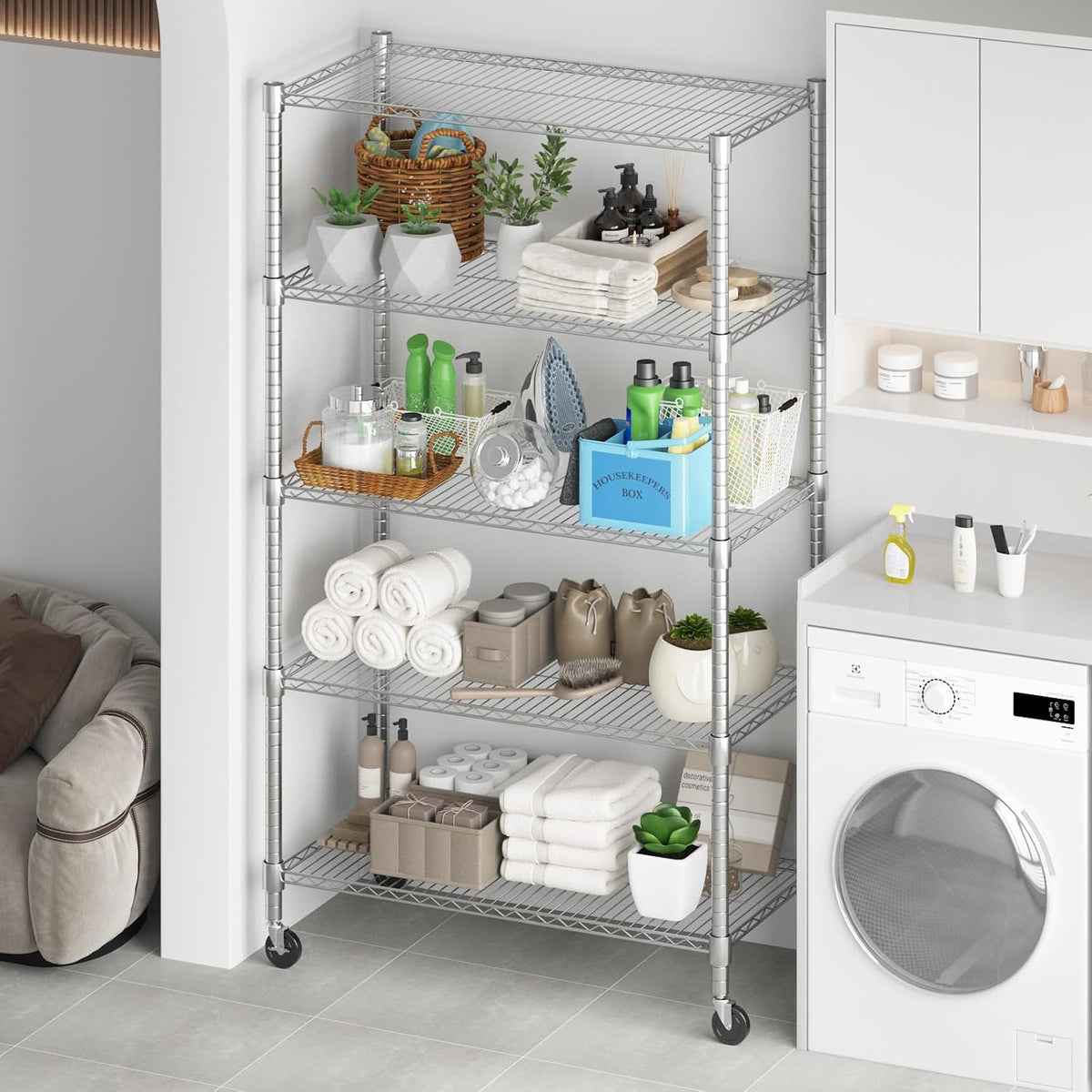 Himimi 5-Tier Heavy Duty Steel Wire Rack Storage Shelving, Adjustable Metal Storage Shelves with Wheels, 82''H Wire Shelf for Kitchen Garage Basement Pantry Organization, 18" D×36" W×82" H-Silver