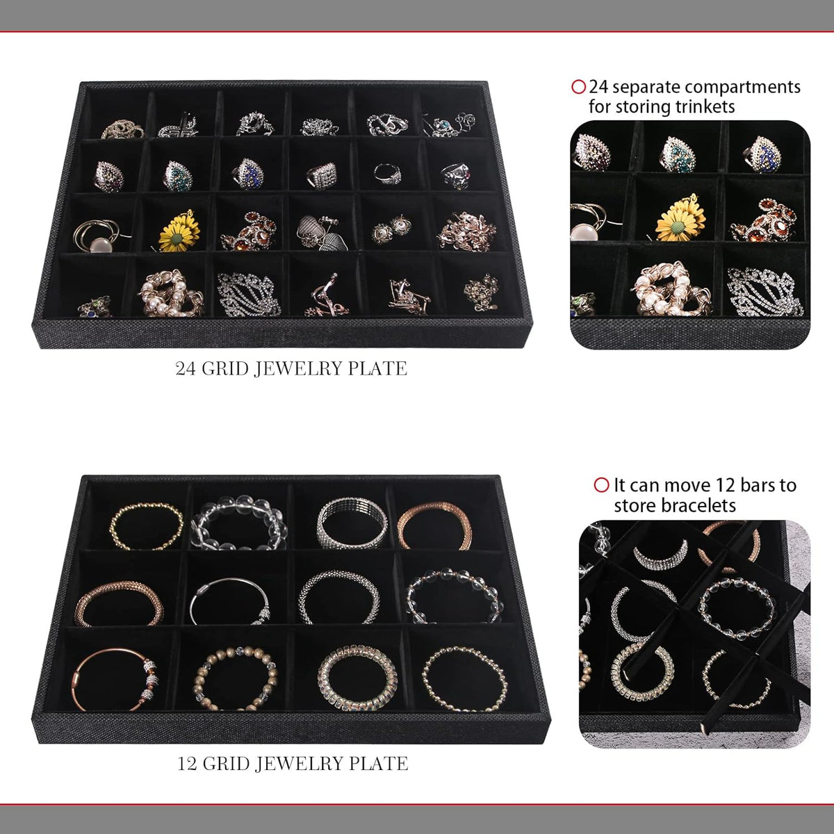 Julysky 4 Pcs/set Stackable Jewelry Organizer Trays with Glass Lid,100 Slots Ring Holder,Bracelet Displays Stand for Selling Necklace Earring Rack