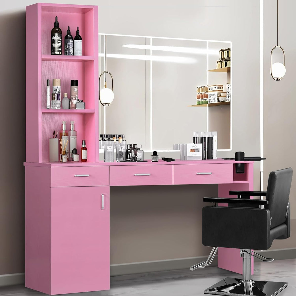4ever2buy Barber Station for Hair Stylist, Salon Wall Station with Barber Cabinet, Hair Stations Equipment Hair Dryer Holder, Drawers (Pink)