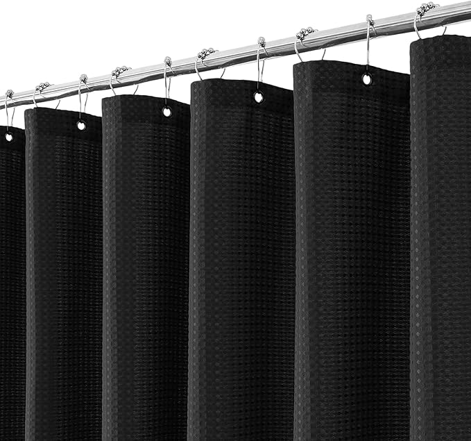 meioro Black Shower Curtain, Waffle Weave 256GSM Heavy Duty Textured Fabric Shower Curtains for Bathroom Hotel Spa, Luxury Weighted Polyester Cloth Bath Curtain Set with 12 Hooks, 48Wx72H