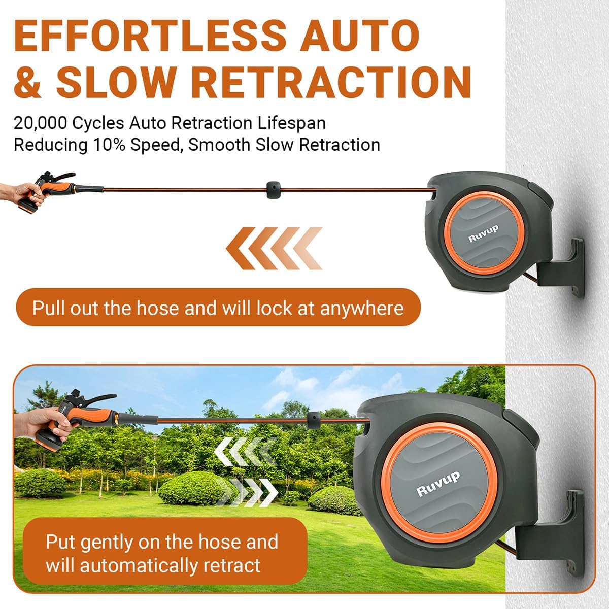 Ruvup Retractable Garden Hose Reel,1/2in x 150ft Water Hose Reel with Metal Bracket, UV Resistant Automatic Hose Reel Wall Mount for Outside, Slow Retraction Any Length Lock 10 Spray Nozzle