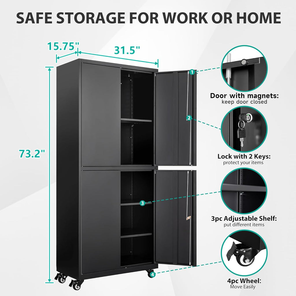 SISESOL Metal Storage Cabinet with Wheels,73" Rolling Garage Storage Cabinet with Lock,Black Metal Cabinets with Shelves and 4 Doors,Tall Tool Cabinets on Wheels for Garage,Home,Office,Shop