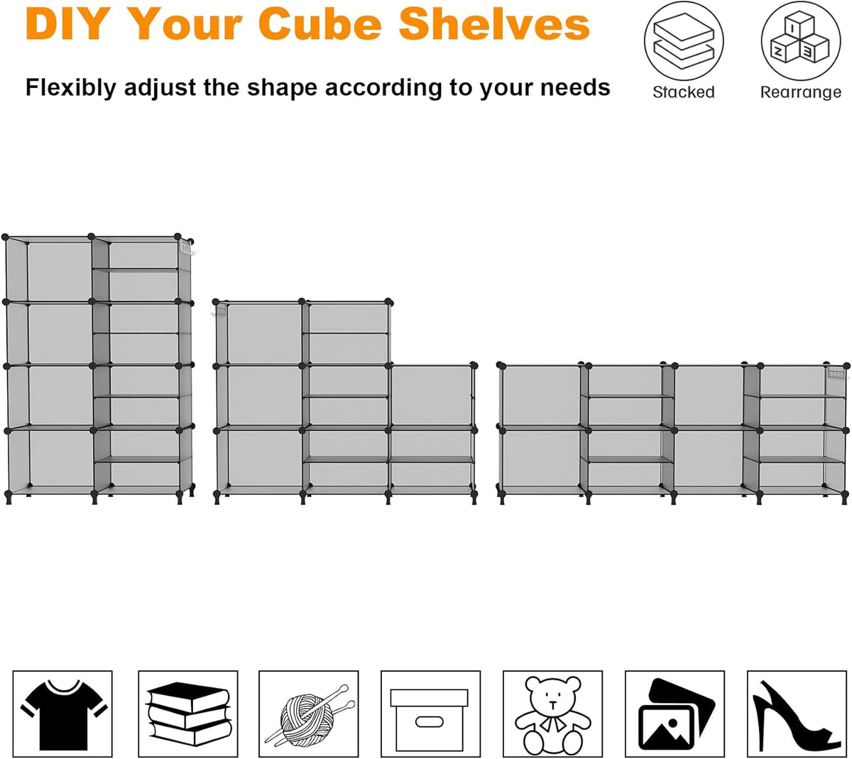 AWTATOS Closet Organizer 8 Cube Storage Shelves Clothes Organizers Stackable Cubby Shelving for Closet Bedroom Living Room Grey