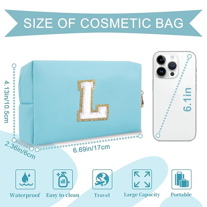 Small Personalized Initial A-Z Preppy Patch Makeup Bag,PU Chenille Letter Travel Cosmetic Pouch with Zipper,Blue Cute Toiletry Bag,Gift Ideal for Teen Girls Women Teacher Bridesmaid,Letter L