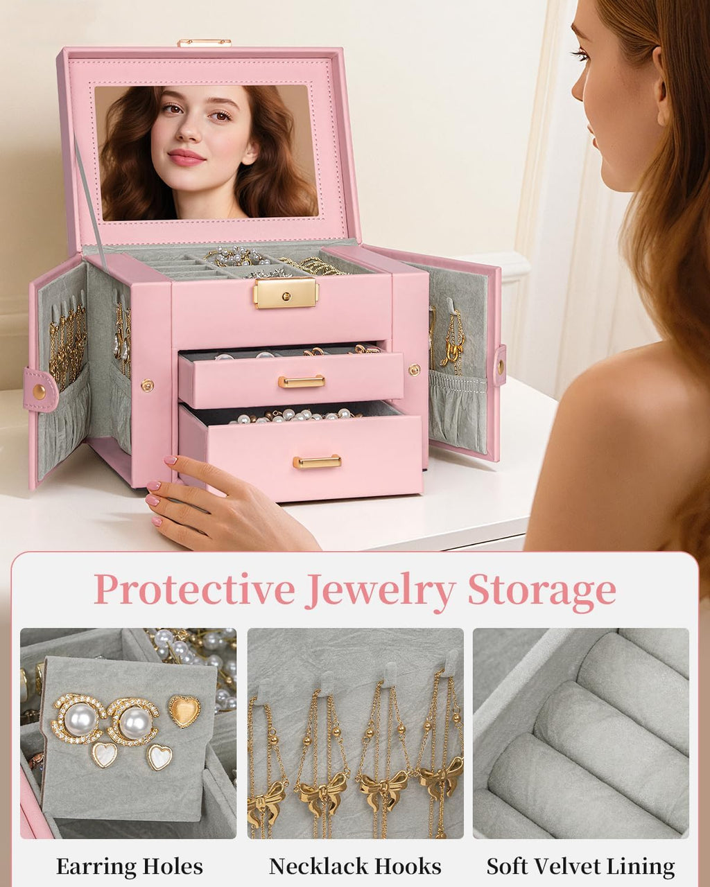 TORIBIO Jewelry Box for Women, Leather Jewelry Organizer with Mirror & Lock, 3-Tier Jewelry Storage Organizer with 2 Drawers for Girls/Women/Mothers, Necklace Earring Bracelets Holder Organizer