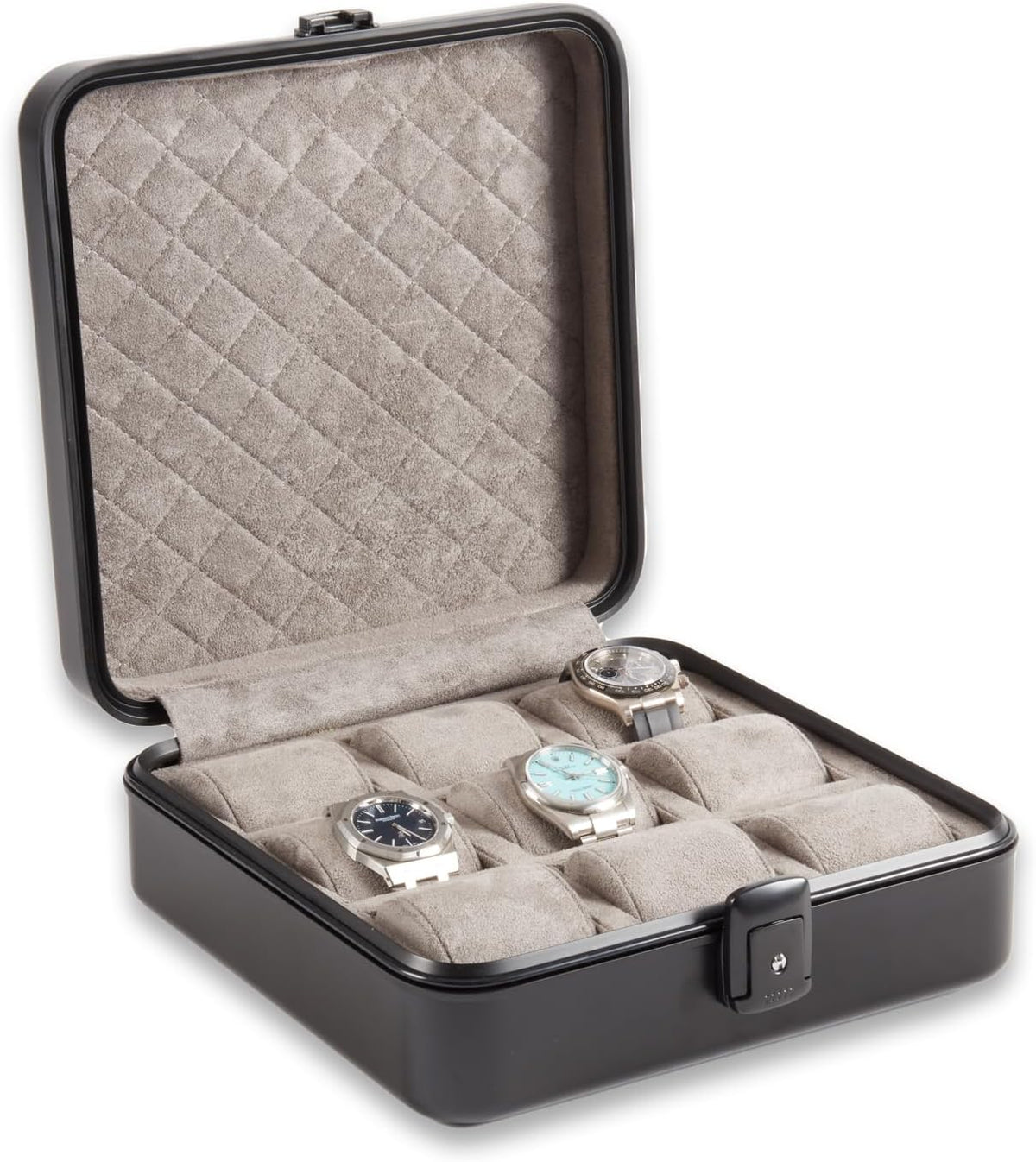 Bey-Berk Personalized Prague Aluminum 9-Slot Watch Case (Matte Black), Locking Travel Metal Watch Box with Quilted Interior, 9.75" x 3" x 10.25"