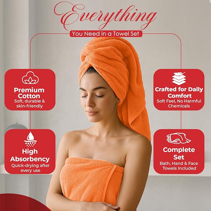 RIVERSIDE 3-Piece Towel Set, 1 Bath Towel, 1 Hand Towel, 1 Washcloth, 550 GSM Ring Spun Cotton, Soft, Quick Dry, Absorbent Bathroom Towels for Home, Gym, Spa, Orange