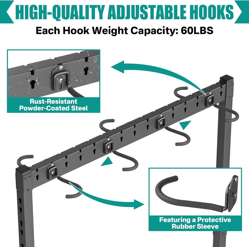 EVERHANGER Freestanding Bike Stand Rack with Adjustable Hooks, Vertical Bike Stand for Garage, Bicycle Storage Organizer, Holds Up to 7 Bikes & 7 Helmets