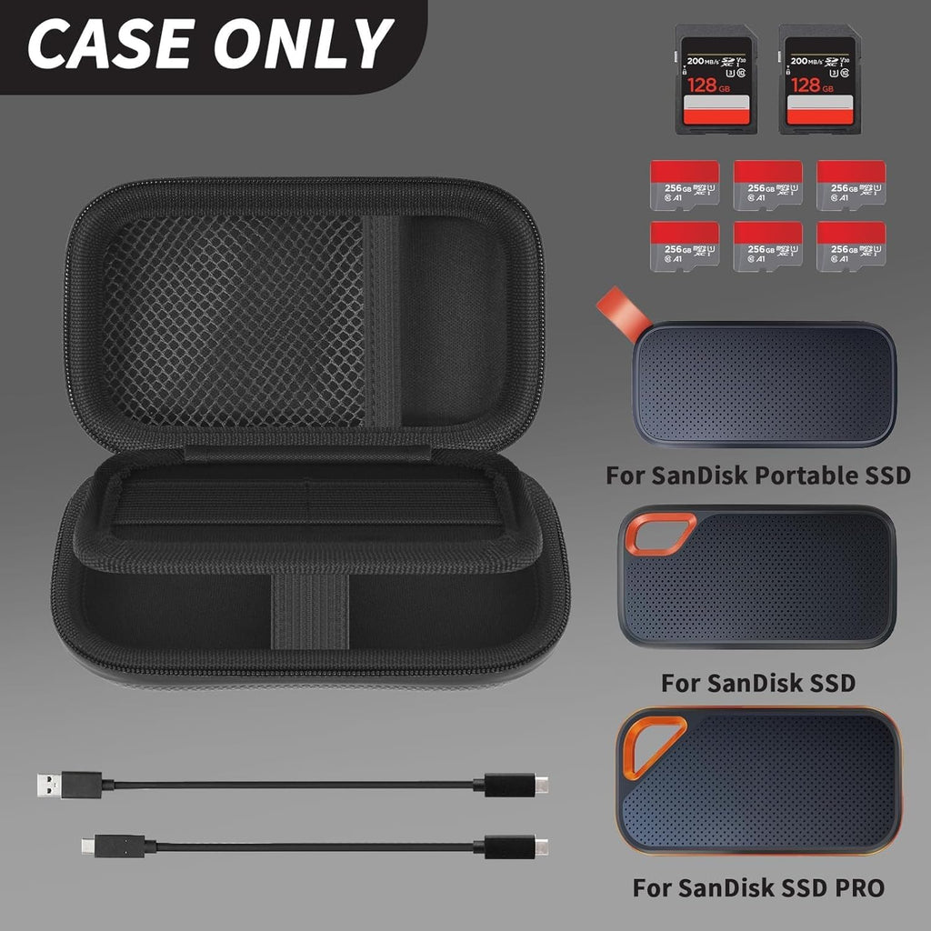 Fireproof& Waterproof Case for SanDisk Extreme Portable External SSD 500GB 1TB 2TB 4TB 8TB Solid State Drive, Zipper Travel Cable Organizer with SD SDXC SDHC Card Slots, Storage Pouch Only (Black)