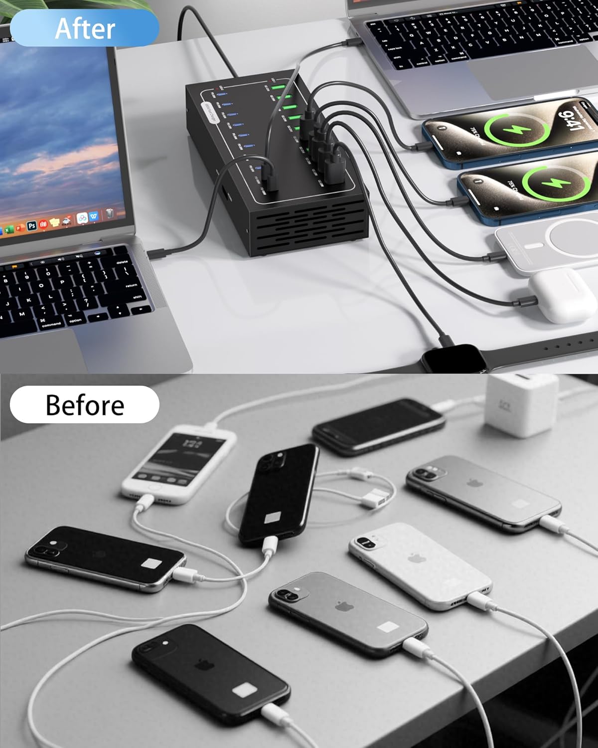 690W USB Charging Station, 20 Port Fast Charging Station for Multiple Devices, PD 100W USB C Charger Block, Smart Power Delivery & Multi Protection for Laptop MacBook iPhone, iPad, Tablet, and More