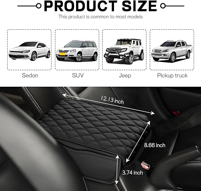 wuyaoyao Car Center Console Cover, 12.13"×8.66"×3.74" Leather Car Armrest Cover with with 2 Side Pockets, Memory Foam Soft Auto Armrest Cushion Pad, Universal Vehicle Arm Rest Protector (Black)