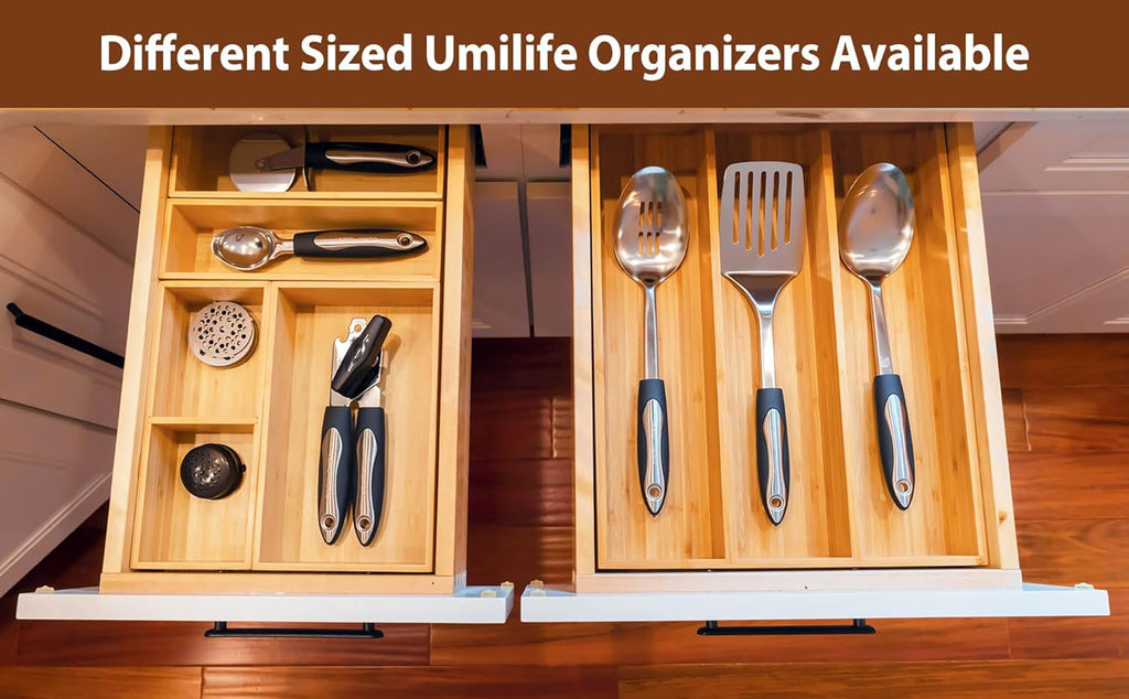 Umilife Drawer Organizer Storage Boxes, 2.5" High Bamboo Drawer Dividers, 3 Rearrangeable Bins for Kitchen, Office Desktop, Clothing, Makeup, vanity, Jewelry