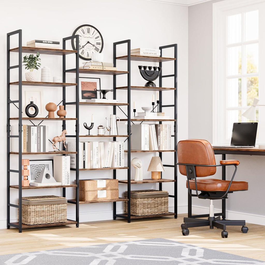 NUMENN Triple Column 6 Tier Bookshelf, Bookcase with 17 Open Display Shelves, Adjustable Rustic Industrial Style Book Shelves, Modern Bookshelves for Bedroom, Living Room and Home Office, Vintage