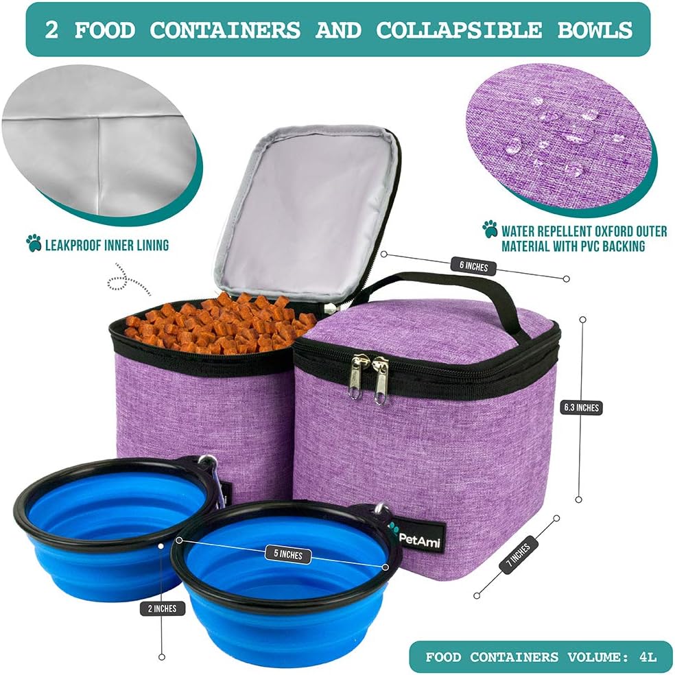 PetAmi Dog Travel Bag Backpack, Airline Approved Dog Bags for Traveling, Puppy Diaper Bag Supplies, Pet Camping Essentials Hiking Accessories Dog Mom Gift, Food Container, Collapsible Bowls, Purple