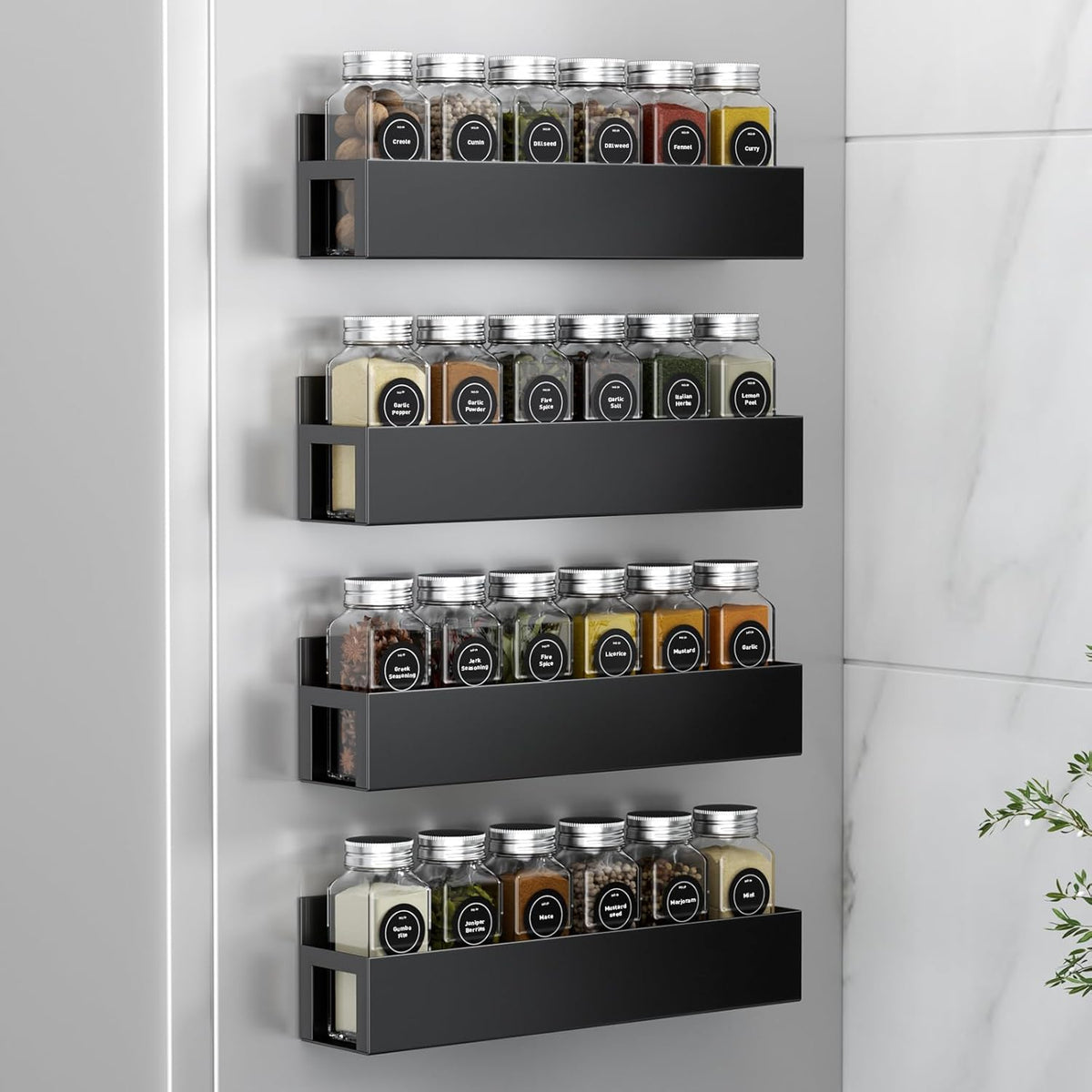 4 Pack Magnetic Spice Rack with 24 Spice Jars, Spice Labels, Chalk Marker and Funnel Set, Magnetic Spice Organizer Shelf for Refrigerator, Microwave, Seasoning Organizer for Kitchen