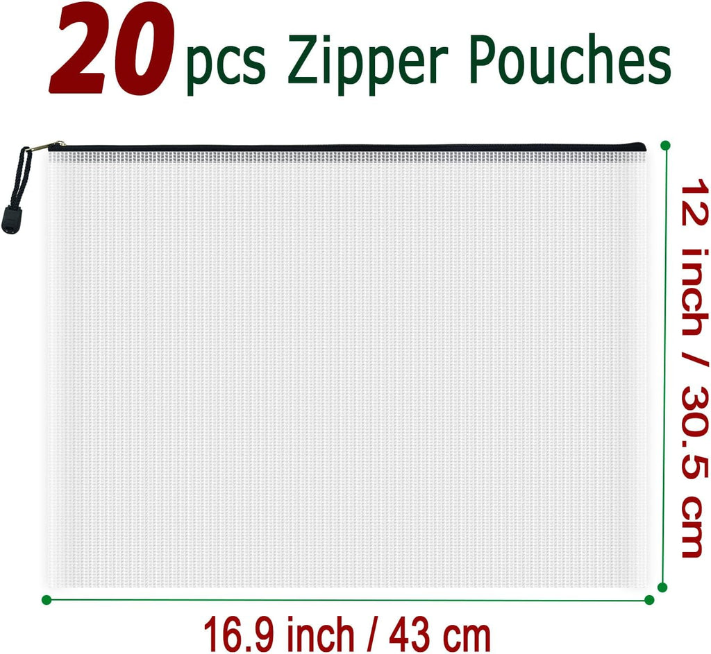 AUSTARK 20 Pcs Zipper File Bags, Plastic Mesh Pouch, Board Game Storage Bag, Waterproof Bags for Office School (A3 Size 16.9''x12'', White and Black)