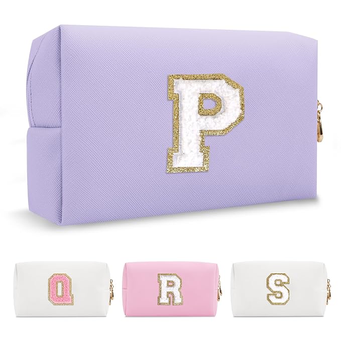 Personalized Makeup Bag Initial A-Z Preppy Patch Bag,Small PU Leather Travel Cosmetic Bag Pouch with Zipper,Purple Cute Toiletry Bag,Gift Ideal for Teen Girls Women Birthday Friend Mom,Latter P